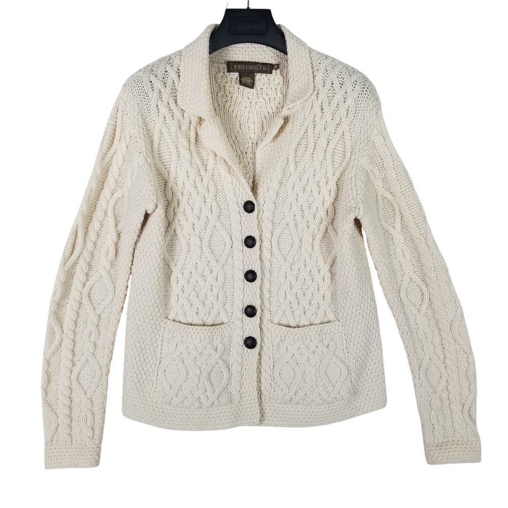 Inis Crafts Cardigan Women M Cream Merino Wool Irish Cable Knit Button Front
